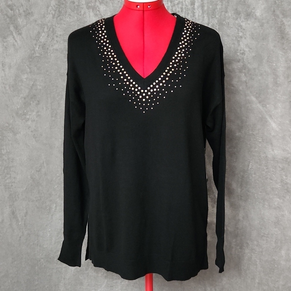 NWT Chaus New York Black Studded V-Neck Sweater Women's Medium